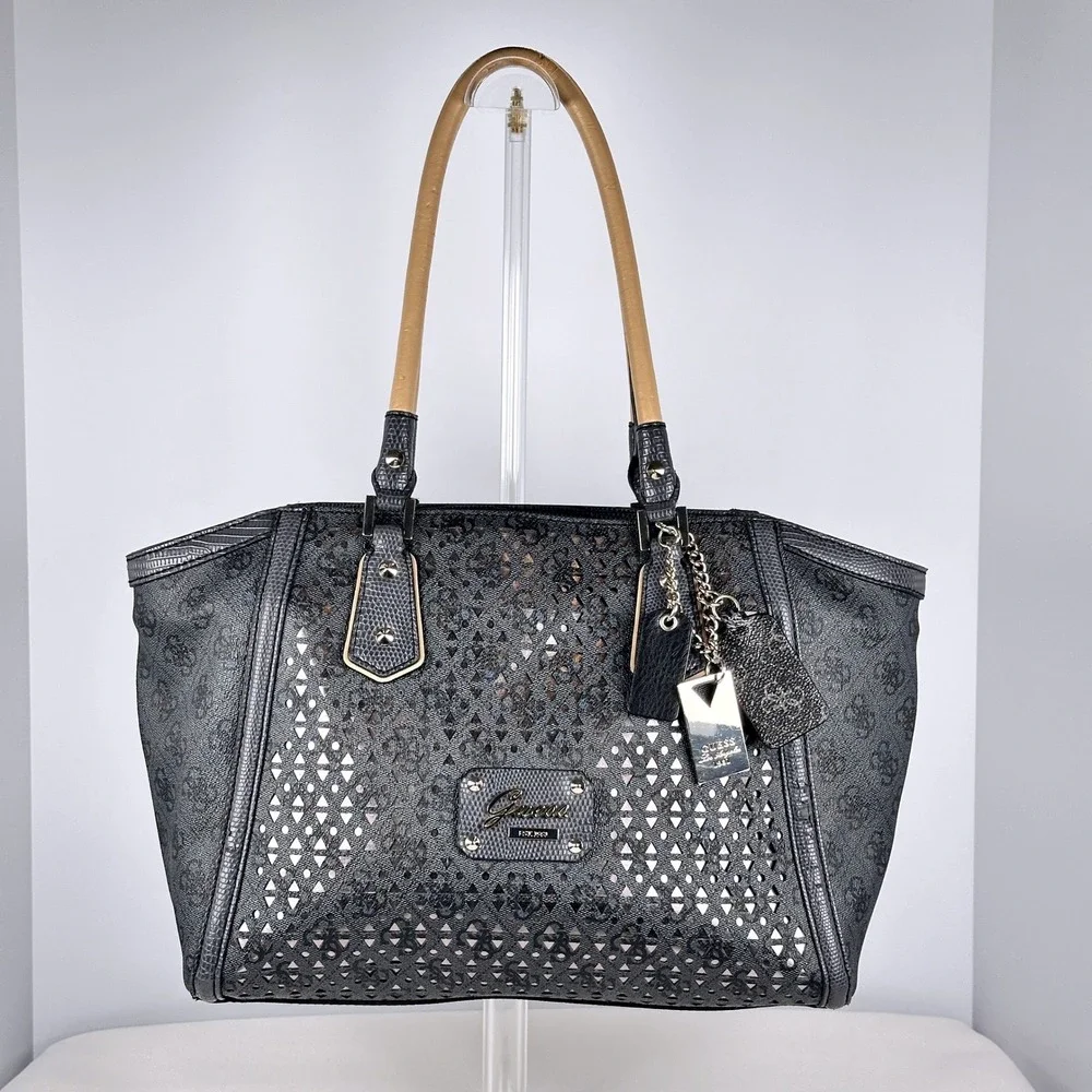 Guess Charcoal Blue Monogram Satchel Laser Cut Purse Leopard Lining Hand Bag